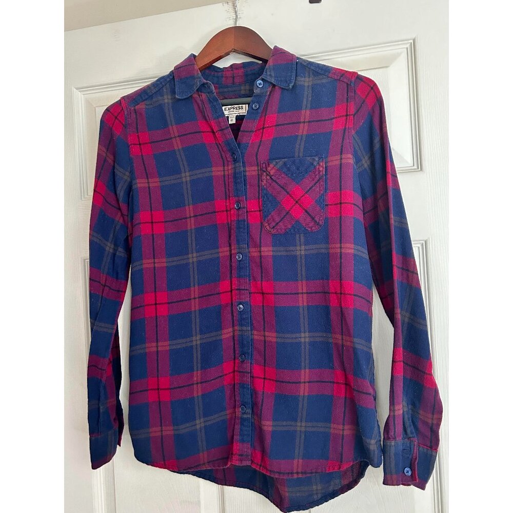 Express Navy & Red Plaid Boyfriend Flannel Shirt